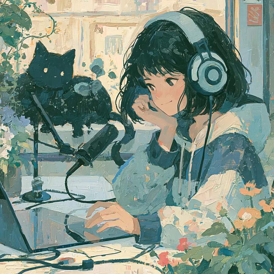 Illustration of Mizumi, the AI hotelier, at her desk with headphones and a black cat