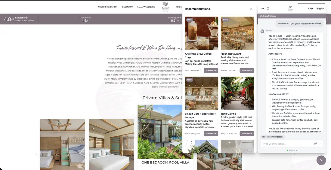 Mizumi recommendations panel on a resort website showing coffee experiences with photos, prices, and view-more actions