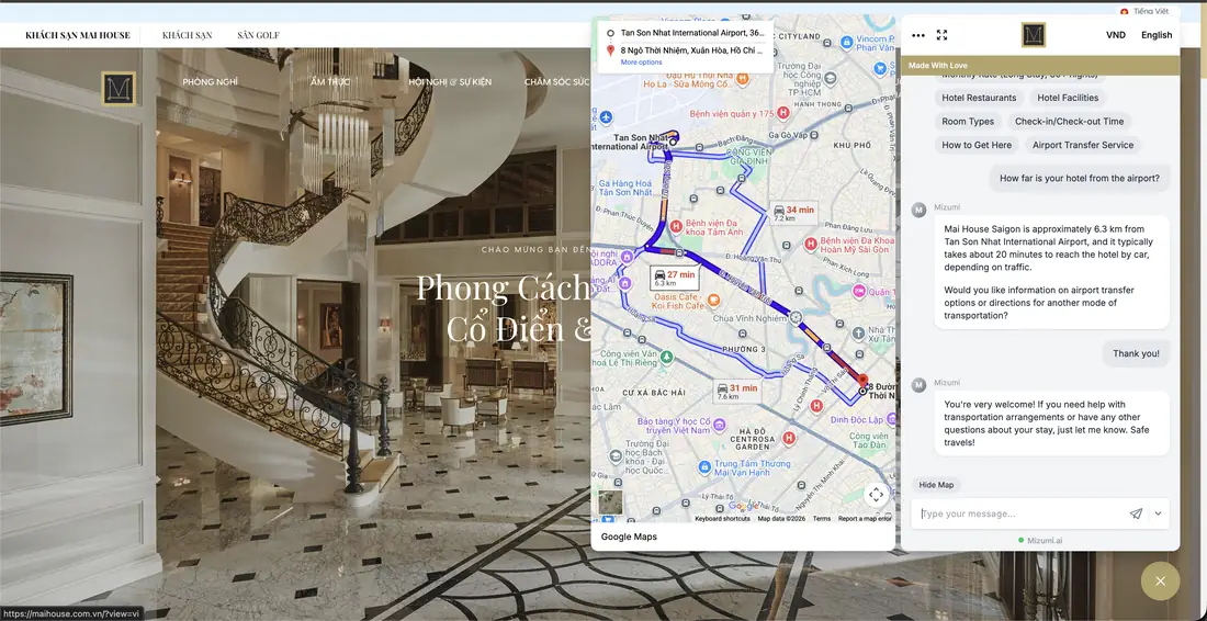 Mizumi webchat on a luxury hotel website showing directions from the airport with an interactive Google Map