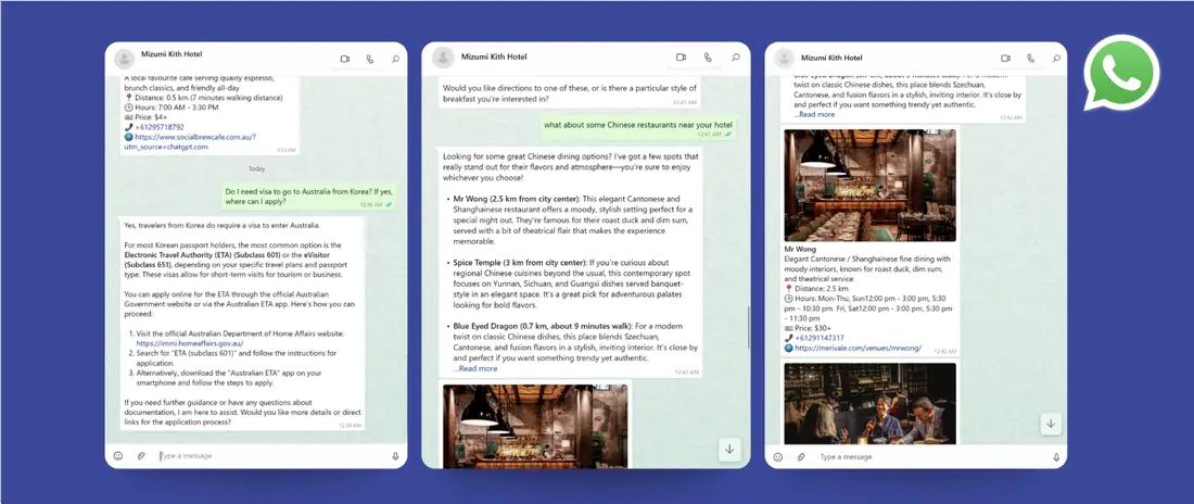 Mizumi answering guests on WhatsApp with visa guidance and restaurant recommendations including photos, hours, and prices